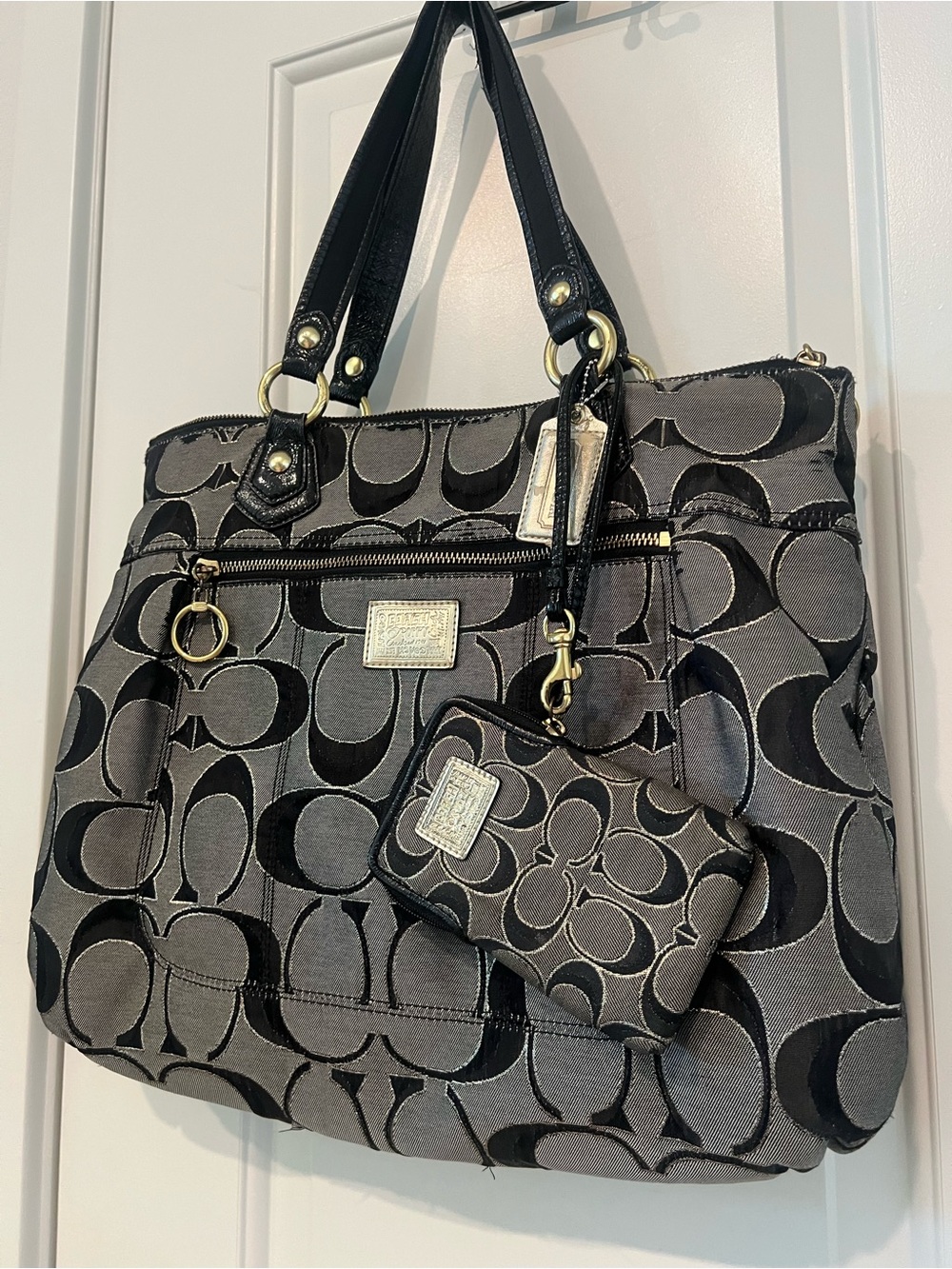 Coach Poppy Glam Gray black printed monogram shoulder bag & matching wristlet